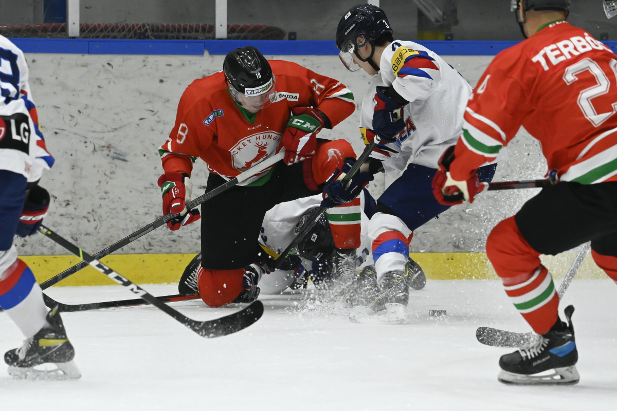 Sárpátki Tamás Róbert és a koreai Kim Dzse Jung a Magyarország - Koreai Köztársaság jégkorong vb-felkészülési mérkőzésen, a Vasas Jégcentrumban 2022. április 28-án. MTI/Koszticsák Szilárd