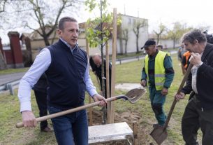 Balázs Ákos alpolgármester és Kovács István önkormányztai képviselő fát ültet a Dekrert munkatársaival az önkormányzat fotósa előtt április 27-én