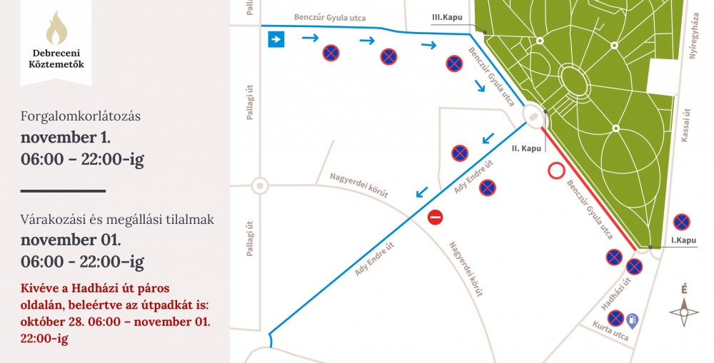 Forgalomkorlátozás, útlezárás a Debreceni Köztemető környékén