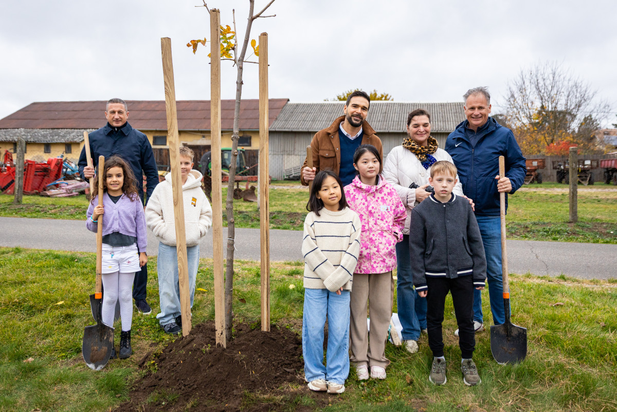 Barcsa Lajos és Balázs Ákos fát ültet gyerekekkel